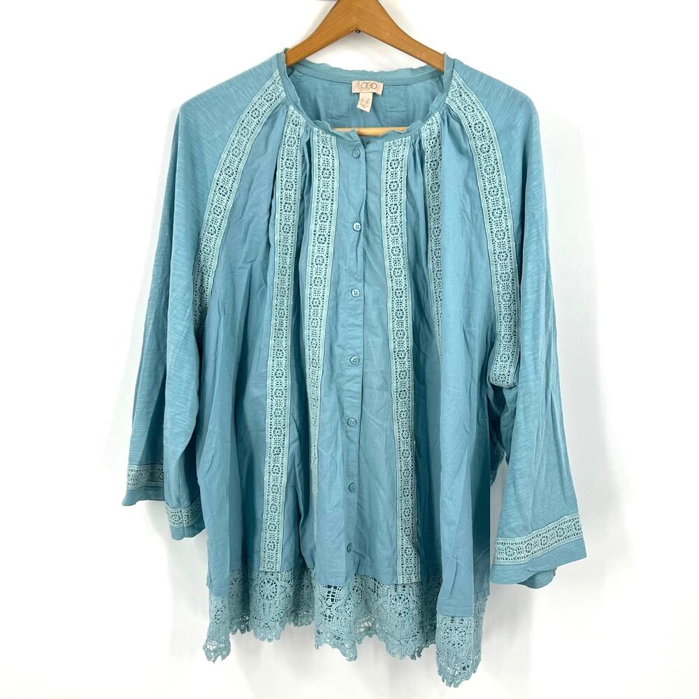 LOGO Lori Goldstein Lavish Stillwater Button Up Scallop Lace 3/4 Sleeve Top 3XL